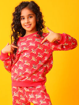 ANTHRILO - Reindeer Print Fleece Girls Sweatshirt - Red