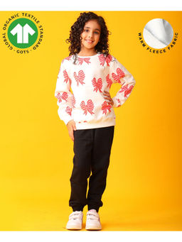 ANTHRILO - White Bow Girls Fleece Black Sweatshirt and Joggers