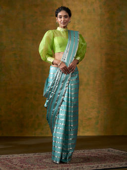 WeaverStory - Turquoise Blue Handloom Pure Satin Silk Saree with Silver Zari Stripes