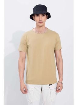 Snitch - Beige Plain Half Sleeves Slim Casual T-Shirt