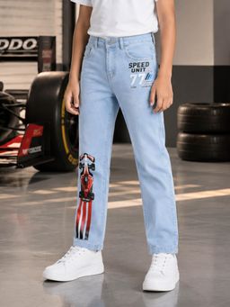 KiddoPanti - Boys Speed Unit Racing Graphic Printed Button Elasticated Waist Jeans