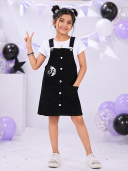 KiddoPanti - Girls Denim Solid Dungaree Skirt With Ok Sequin