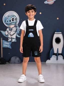 KiddoPanti - Boys Astro-Saurus Printed Cargo Dungaree Shorts