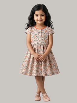 KEVORA APPARELS - Girl Peach Floral Print Fit and Flare Dress