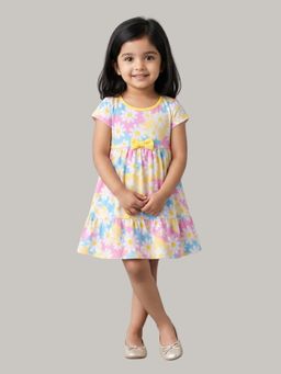 KEVORA APPARELS - Girl Pastel Floral Print Short Sleeve Dress