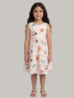 KEVORA APPARELS - Girl White Tropical Print Sleeveless Fit and Flare Dress