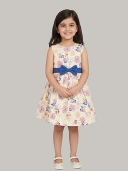 KEVORA APPARELS - Girl Cream Floral Print Fit and Flare Dress with Contrast Blue Bow