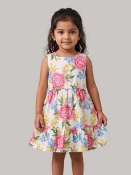 KEVORA APPARELS - Girls Floral Sleeveless Tiered Cotton Dress