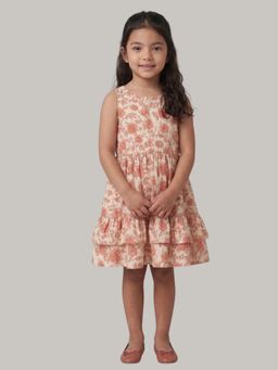 KEVORA APPARELS - Peach Floral Printed Sleeveless Tiered Dress for Girls