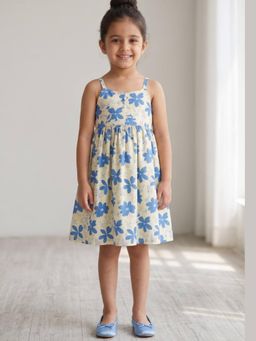 KEVORA APPARELS - Blue Floral Printed Sleeveless Fit and Flare Dress for Girls