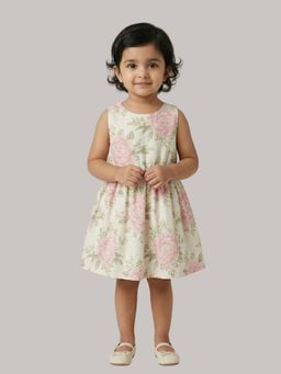 KEVORA APPARELS - Cream Floral A-Line Dress with Soft Pink Flower Print