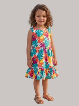KEVORA APPARELS - Bright Tropical Floral Dress with Sleeveless Design and Ruffle Hem