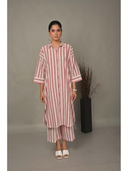 EARTHWEAR - White-Red Striped Antifit Shirt Collar Co-ord Set (Set of 2)