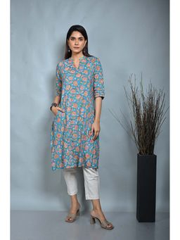 EARTHWEAR - Womens Floral Blue Kurta with Pant (Set of 2)