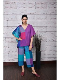 EARTHWEAR - Pink-Purple Checks Handloom Cotton Kaftan Top