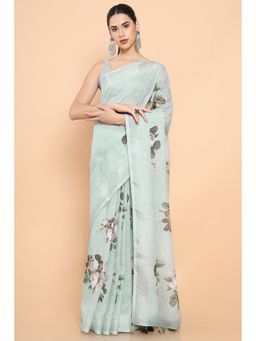Soch - Women Green Linen Floral Saree with Unstitched Blouse