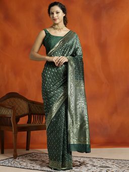 Jaipur Kurti - Green Silk Banarasi Zari Woven Saree with Unstitched Blouse