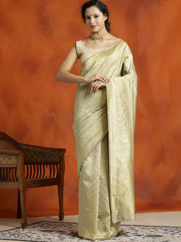 Jaipur Kurti - Beige Silk Banarasi Zari Woven Heavy Saree with Unstitched Blouse