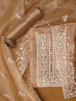 Jaipur Kurti - Beige Unstitched Embroidered Organza Dress Material with Dupatta (Set of 3)