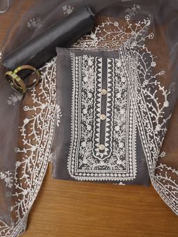 Jaipur Kurti - Grey Unstitched Embroidered Organza Dress Material with Dupatta (Set of 3)
