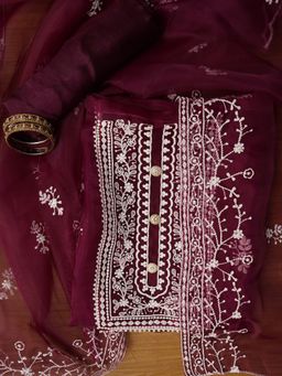 Jaipur Kurti - Magenta Unstitched Embroidered Organza Dress Material with Dupatta (Set of 3)