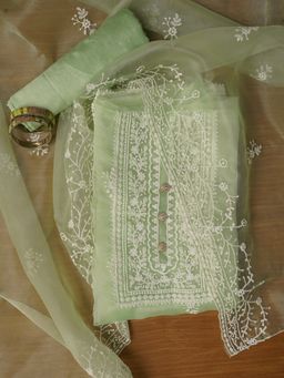 Jaipur Kurti - Pista Green Unstitched Embroidered Organza Dress Material with Dupatta (Set of 3)