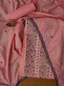 Jaipur Kurti - Pink Unstitched Floral Embroidered Pure Cotton Dress Material with Dupatta (Set of 3)