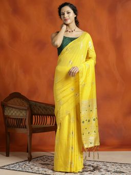 Jaipur Kurti - Yellow Silk Banarasi Zari Woven Heavy Saree with Unstitched Blouse