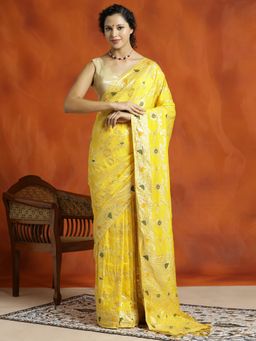 Jaipur Kurti - Silk Banarasi Floral Embroidered Yellow Saree with Unstitched Blouse