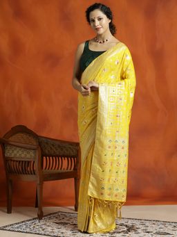 Jaipur Kurti - Yellow Silk Banarasi Zari Woven Design Saree with Unstitched Blouse