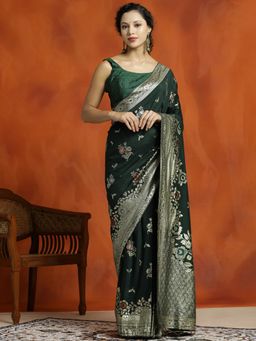 Jaipur Kurti - Green Silk Banarasi Zari Woven Design Saree with Unstitched Blouse