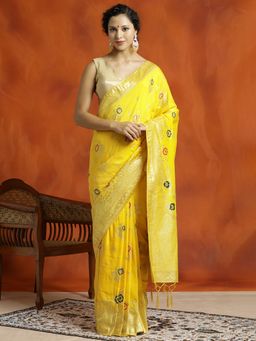 Jaipur Kurti - Yellow Silk Banarasi Floral Woven Heavy Saree with Unstitched Blouse
