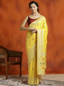 Jaipur Kurti - Yellow Party Wear Silk Banarasi Zari Woven Saree with Unstitched Blouse