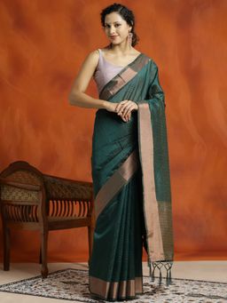 Jaipur Kurti - Zari Green Woven Design Banarasi Organza Saree with Unstitched Blouse