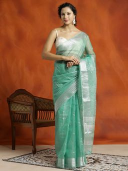 Jaipur Kurti - Green Zari Woven Design Banarasi Organza Saree with Unstitched Blouse