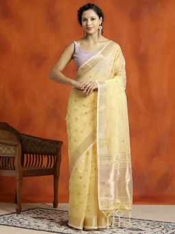 Jaipur Kurti - Yellow Zari Woven Design Banarasi Organza Saree with Unstitched Blouse