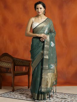 Jaipur Kurti - Green Zari Embroidered Design Organza Saree with Unstitched Blouse