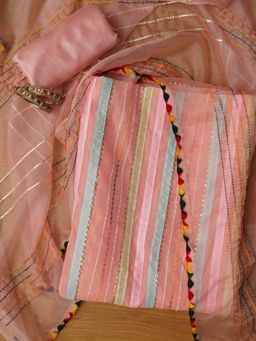 Jaipur Kurti - Unstitched Pink Stripe Cotton Blend Dress Material with Dupatta (Set of 3)