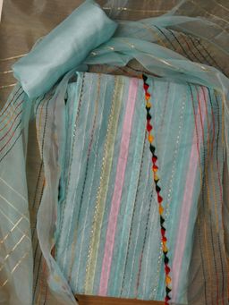 Jaipur Kurti - Sea Green Unstitched Stripe Cotton Blend Dress Material with Dupatta (Set of 3)