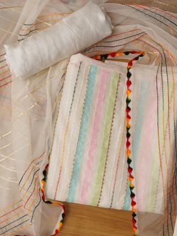 Jaipur Kurti - Off White Unstitched Stripe Cotton Blend Dress Material with Dupatta (Set of 3)