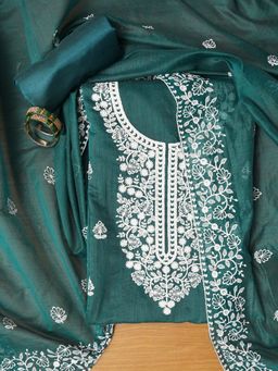 Jaipur Kurti - Unstitched Green Embroidered Cotton Blend Dress Material with Dupatta (Set of 3)