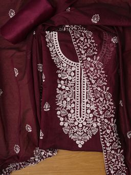 Jaipur Kurti - Unstitched Burgundy Embroidered Cotton Blend Dress Material with Dupatta (Set of 3)
