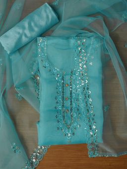 Jaipur Kurti - Turquoise Unstitched Embroidered Organza Dress Material with Dupatta (Set of 3)