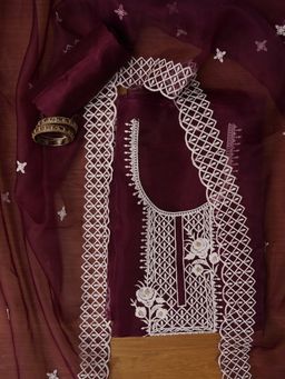 Jaipur Kurti - Unstitched Dark Purple Embroidered Organza Dress Material with Dupatta (Set of 3)