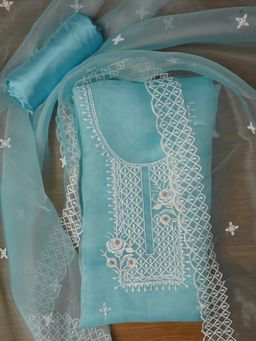 Jaipur Kurti - Unstitched Embroidered Organza Sky Blue Dress Material with Dupatta (Set of 3)