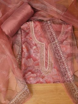 Jaipur Kurti - Unstitched Embellished Peach Organza Dress Material with Dupatta (Set of 3)