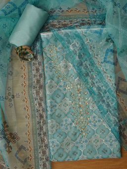 Jaipur Kurti - Blue Unstitched Embroidered Organza Dress Material with Dupatta (Set of 3)