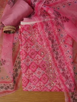 Jaipur Kurti - Unstitched Embroidered Organza Pink Dress Material with Dupatta (Set of 3)
