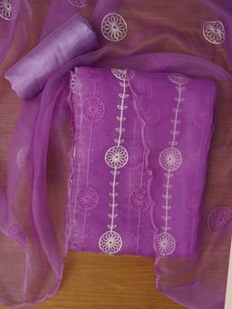 Jaipur Kurti - Unstitched Embroidered Organza Purple Dress Material with Dupatta (Set of 3)