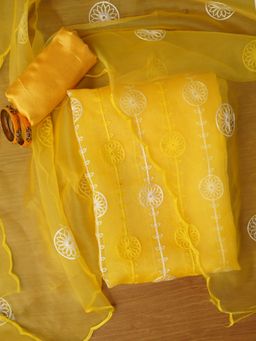 Jaipur Kurti - Unstitched Embroidered Organza Yellow Dress Material with Dupatta (Set of 3)